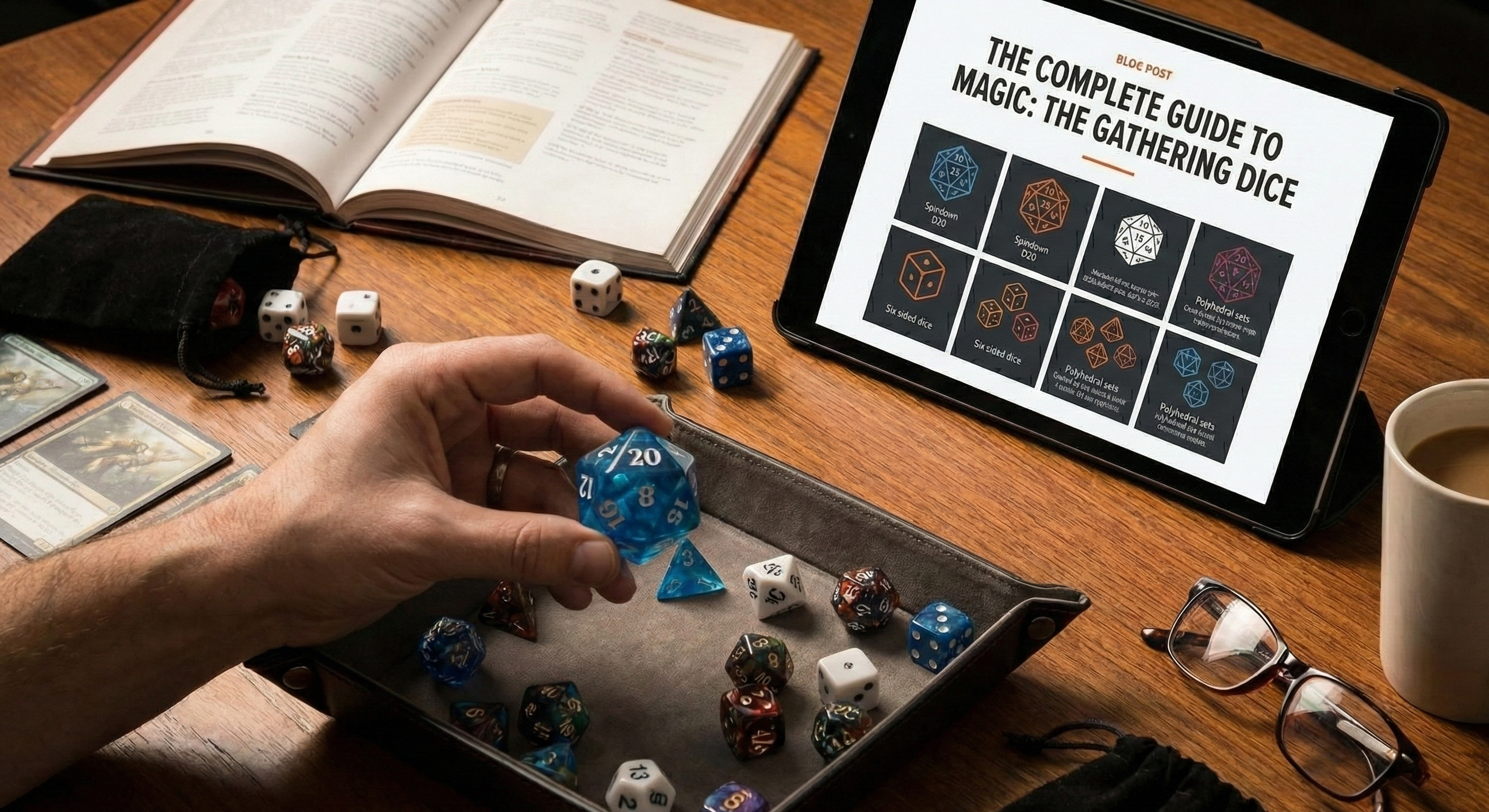 Assortment of Magic the Gathering dice including Spindown life counters, d6s, and keyword counters