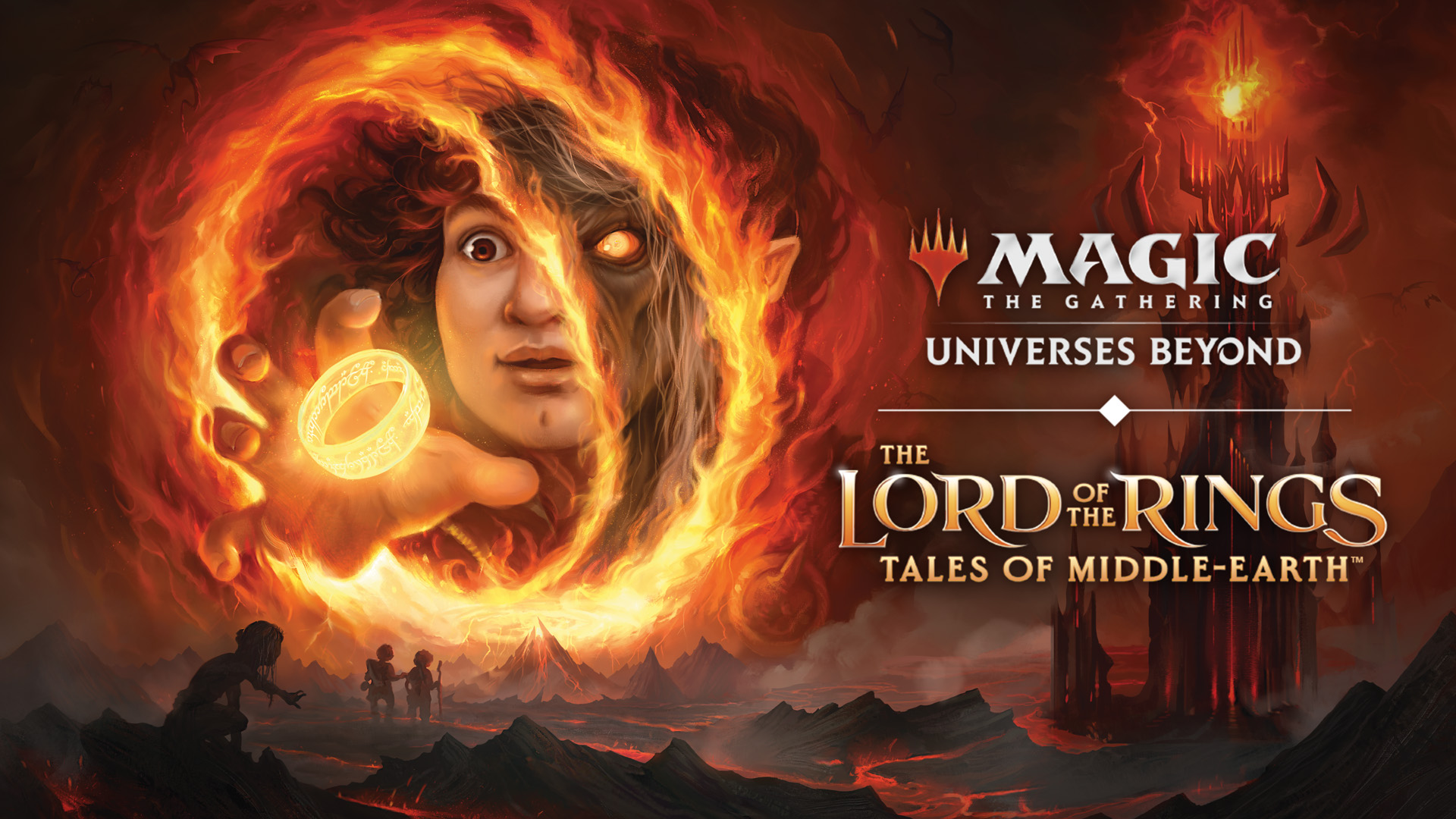 Magic: The Gathering × The Lord of the Rings promotional artwork featuring Frodo Baggins holding the One Ring with Mordor and Barad-dûr in the background